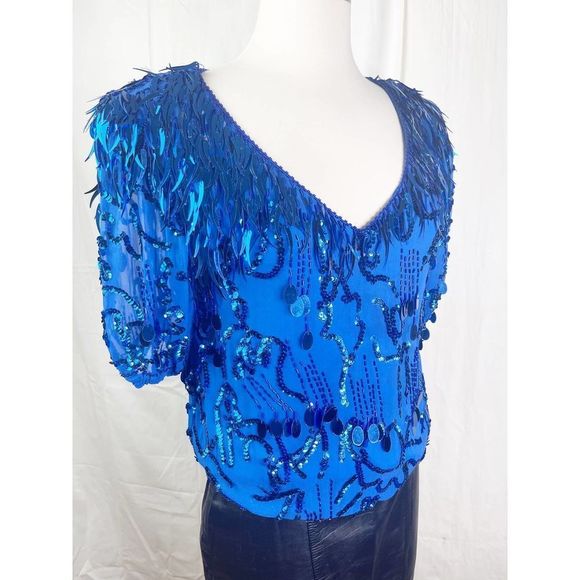 Oleg Cassini Tops - Vintage 1980s Oleg Cassini Deep V Neck Sequin Bright Blue Disco Top